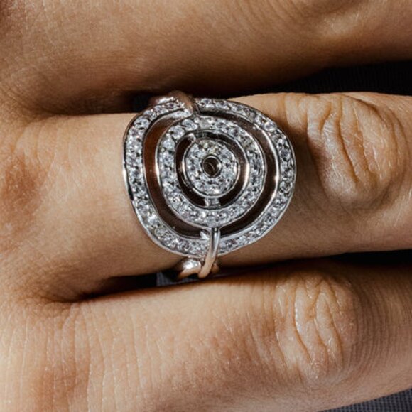 925 Sterling Silver Jewelry - Silver 925 Rhodium Plated Bent Target CZ Ring